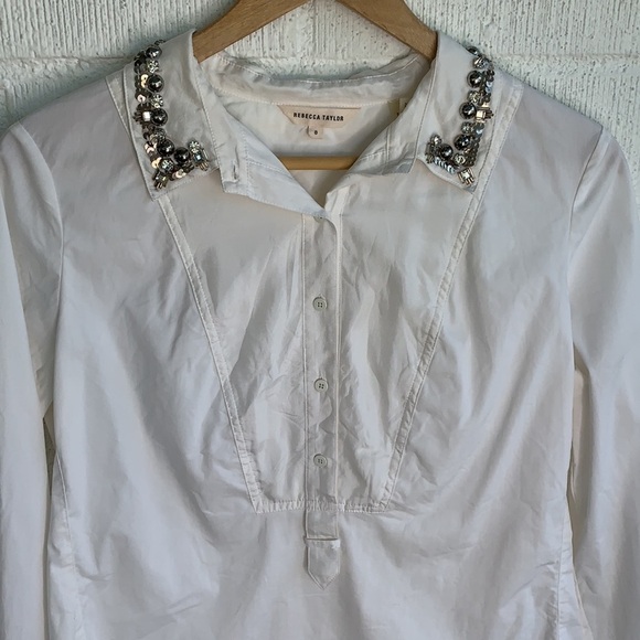 Rebecca Taylor Embellished Beaded Collar White Button Down Blouse 8 - Picture 3 of 9